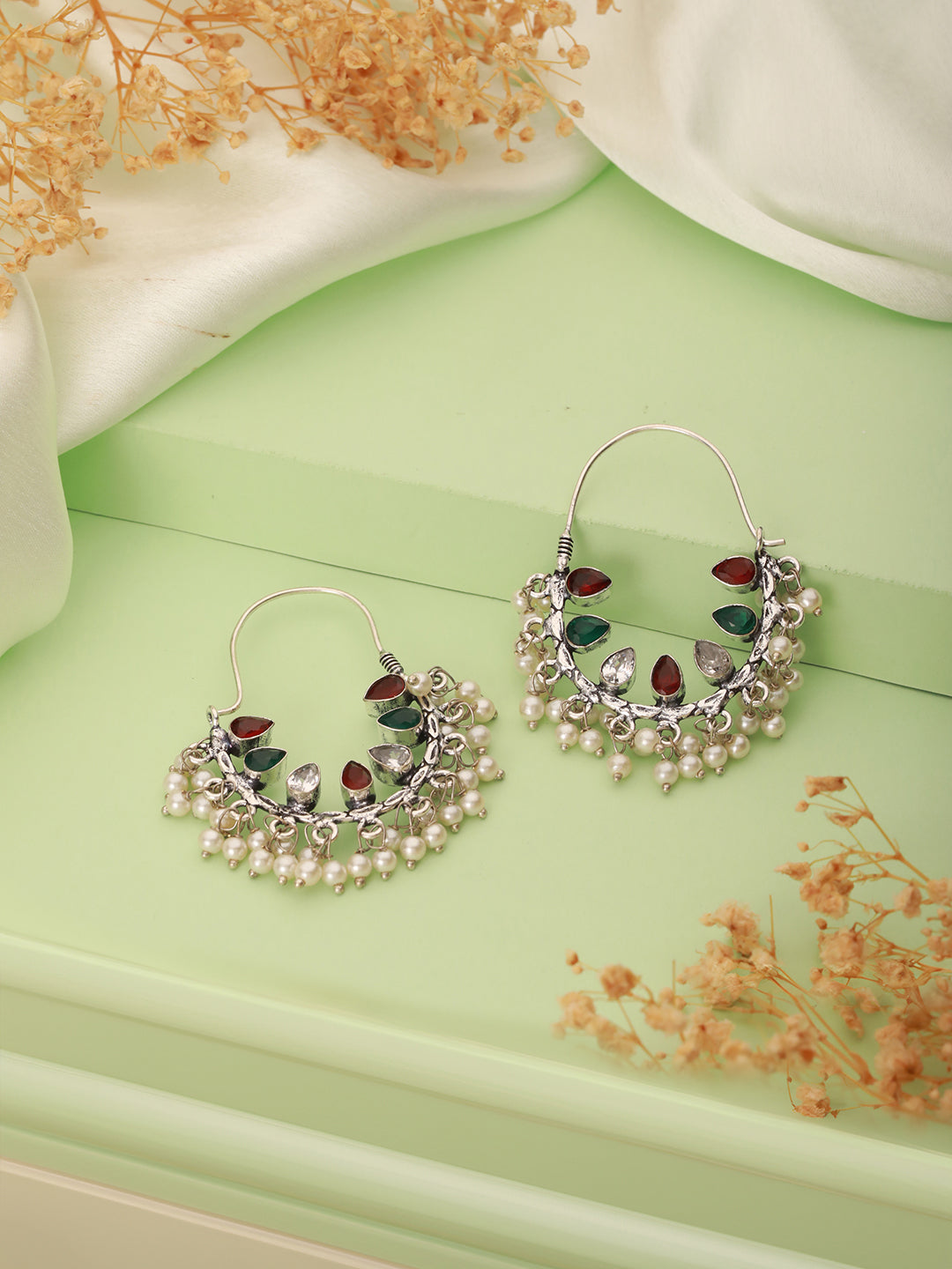 Silver Oxidised Red & Green   Stone & Pearl Beaded Handcrafted  Chandbali Dangler Earrings.
